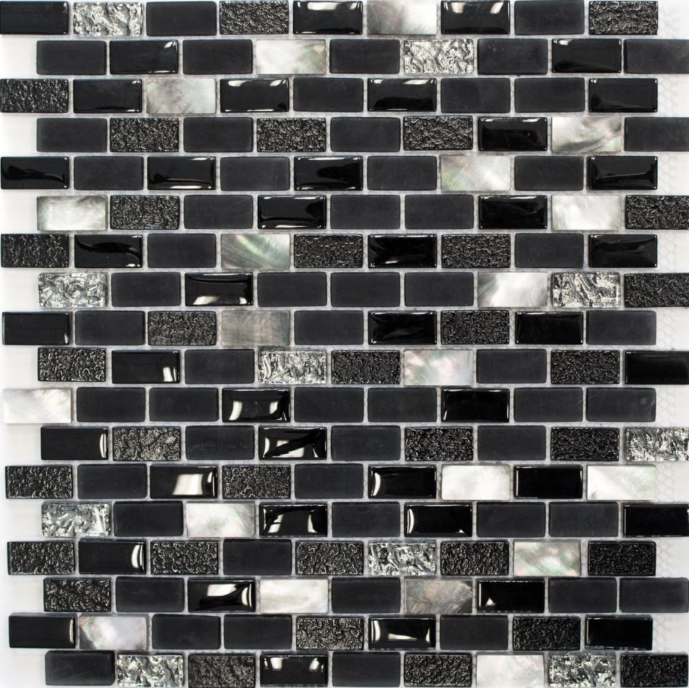 Mosaik Stäbchen Verbund Naturstein Mosaikfliese schwarz silber Brick Glasmosaik Muschel Milchglas Fliesenspiegel Küche Bad - 87-B03S