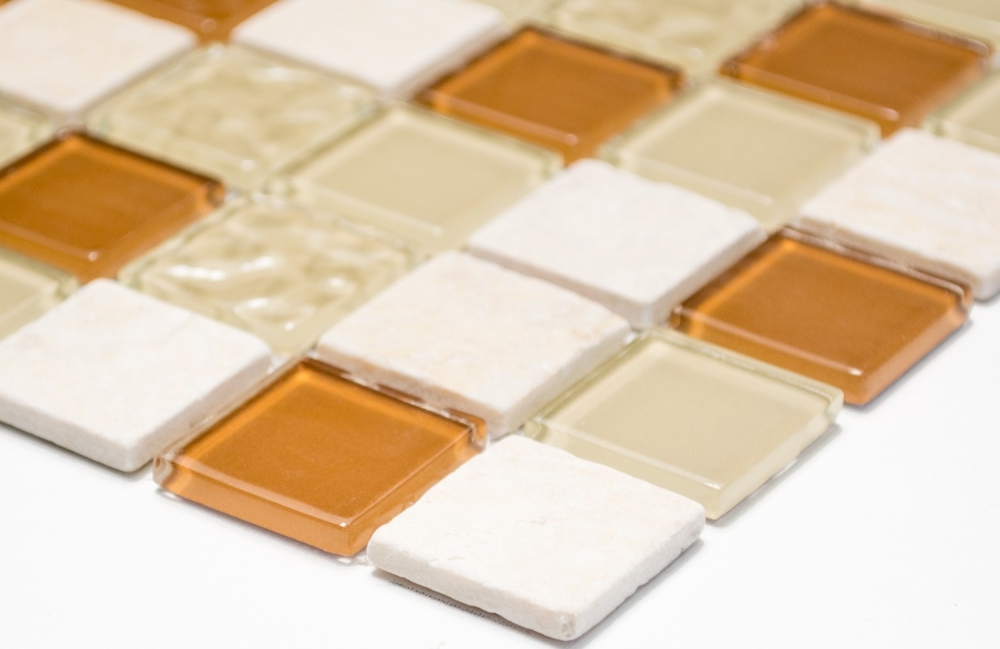 Mosaique Carre Mosaique de verre Pierre mix beige Mix translucide brillant
