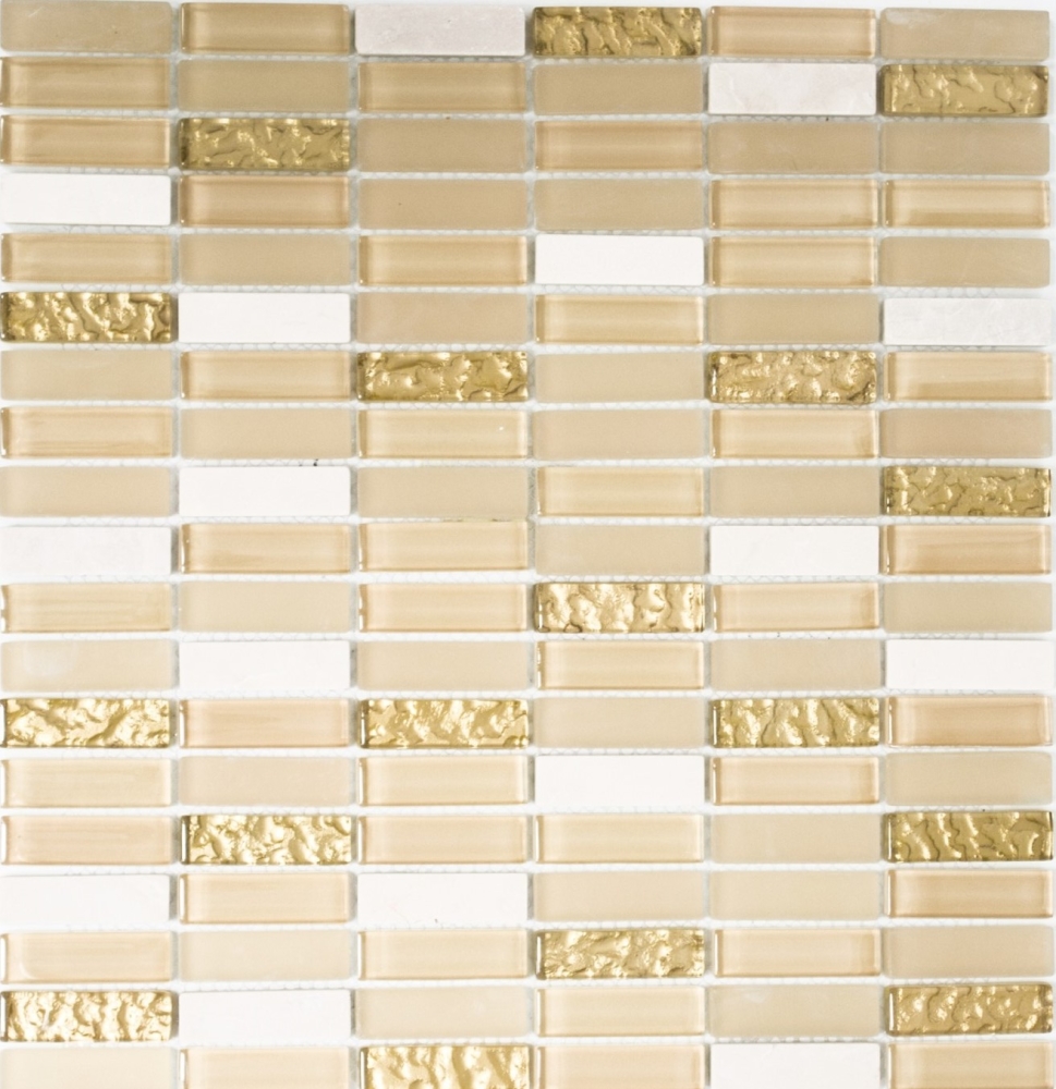 Riemchen Rechteck Mosaikfliesen Glasmosaik Stäbchen weiß gold braunbeige Naturstein Marmor Fliesenspiegel Küche Wand - 87-1202