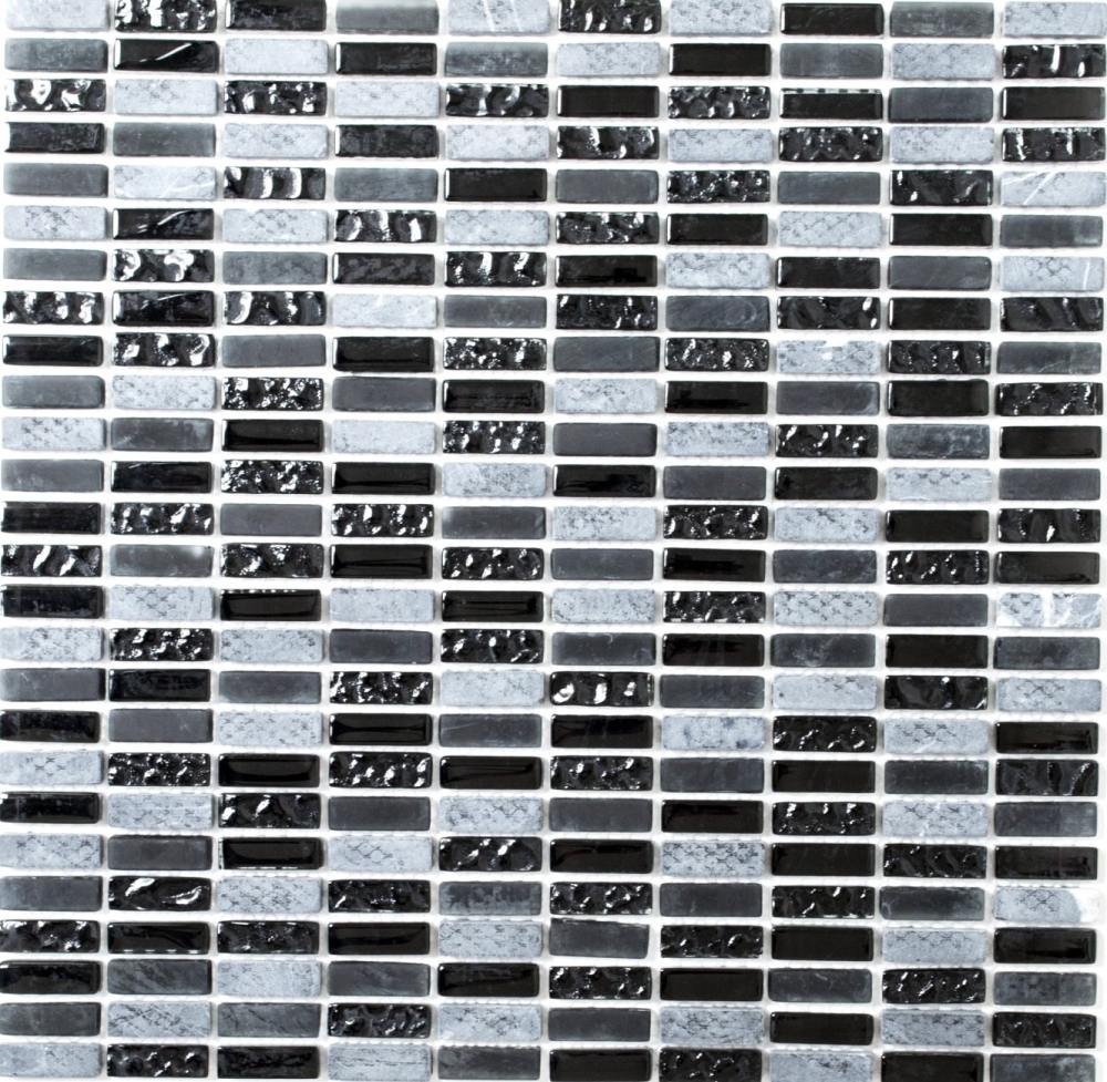 Batonnets de mosaique de verre pierre mix gris mat noir mix translucide aspect croise brillant