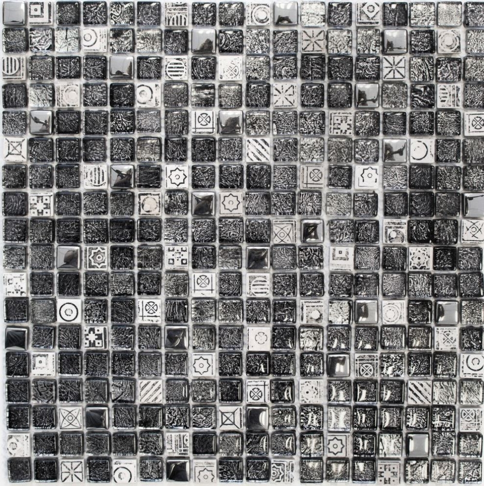 Mosaique carre Mosaique de verre pierre mix blanc argent noir structure mix translucide aspect relief brillant