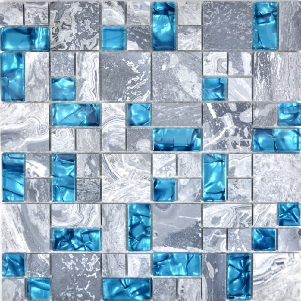 Naturstein Glasmosaik Marmor Mosaikfliesen grau blau anthrazit Küchenrückwand Fliesenspiegel WC - 88-0404