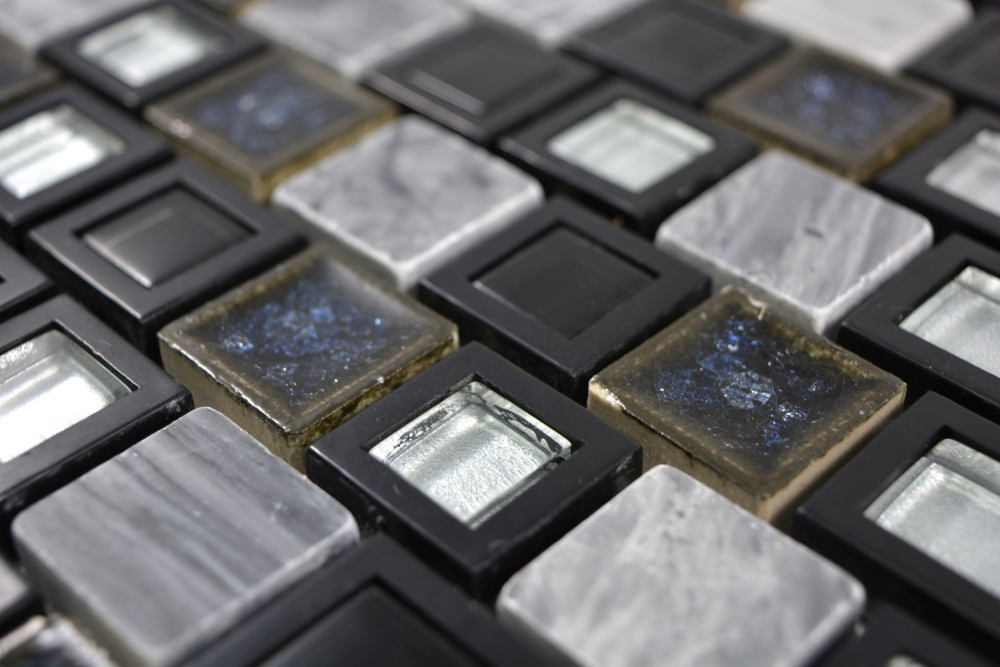Mosaique Mix pierre translucide Ceramique plastique mix gris noir brillant - 10 feuilles de mosaique