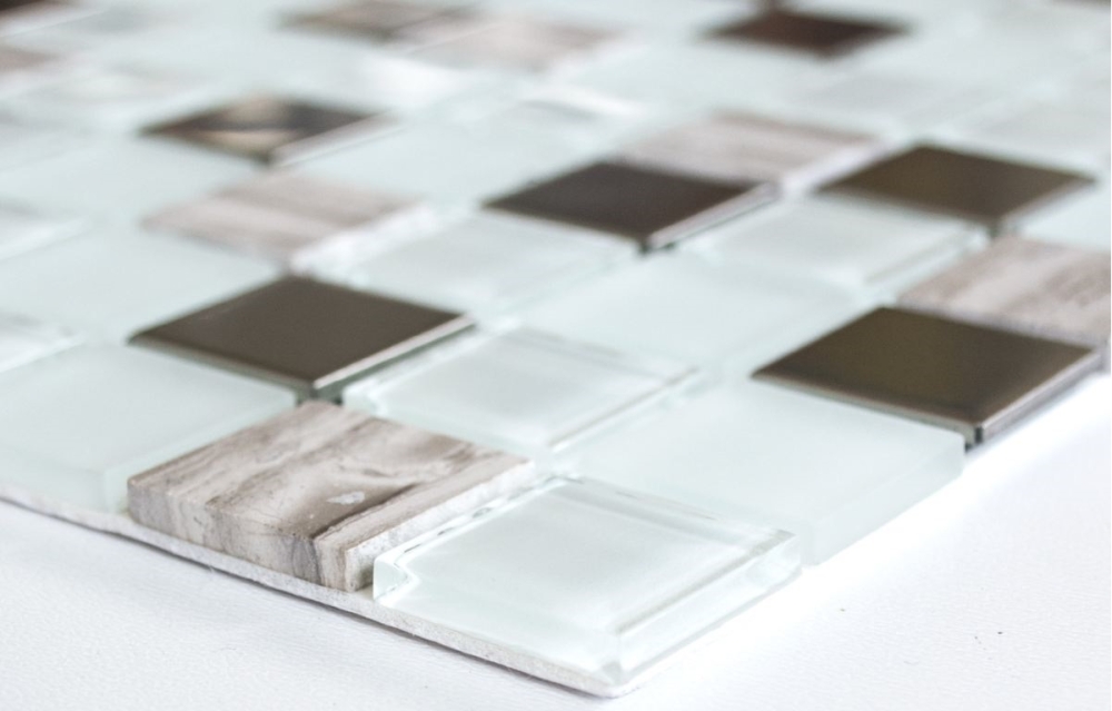 Mosaik Fliese selbstklebend Edelstahl Glasmosaik Marmor Weiß Silber Beige Fliesenspiegel - 200-4CM32