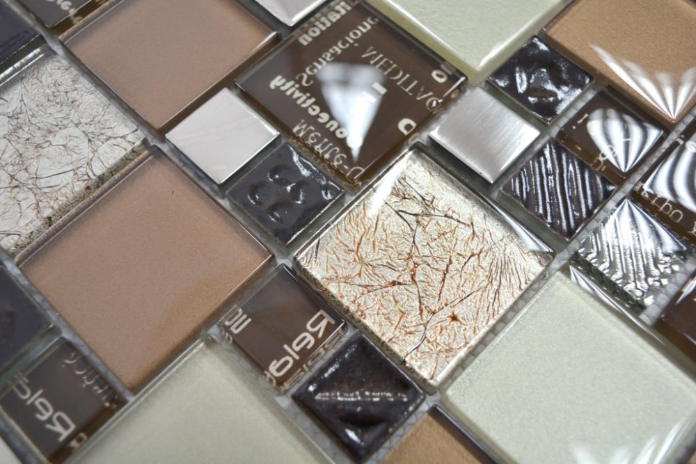Mosaique de verre Carreau de mosaique argent ivoire clair noisette brun orange - 88-1317