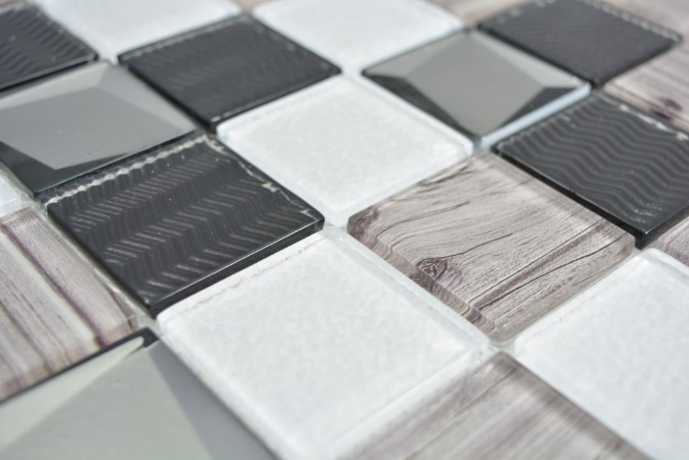Piastrelle di vetro a mosaico bianco argento nero struttura in legno 3D backsplash piastrelle - 88-1717