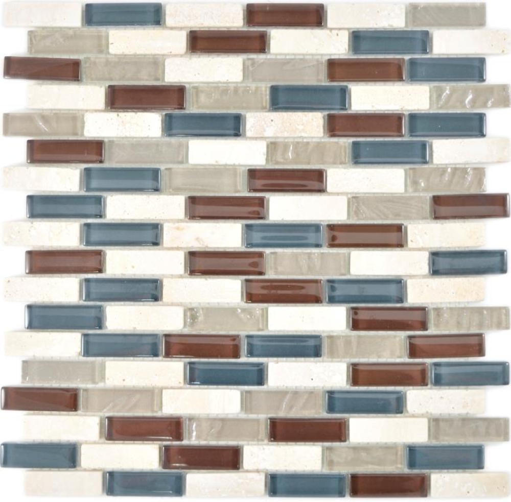 Mosaik Stäbchen Verbund Naturstein Glasmosaik Mosaikfliese Mauerverband grau braun beige Fliesenspiegel Küchenrückwand - 88-0213