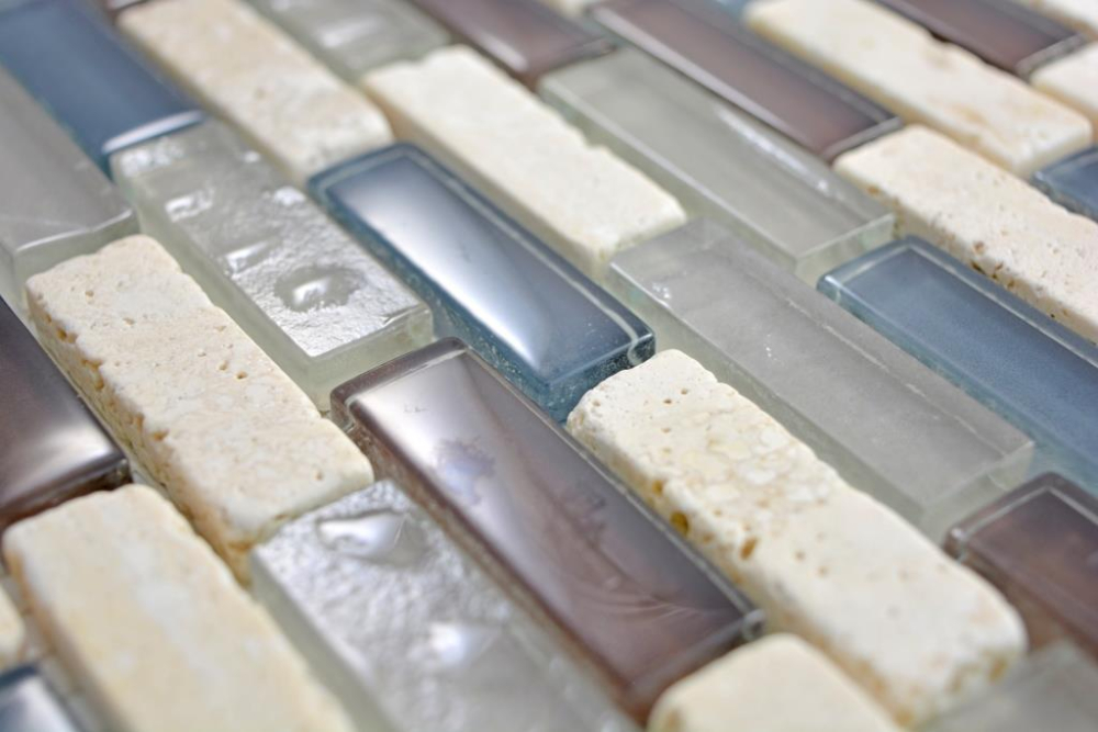 Mosaik Stäbchen Verbund Naturstein Glasmosaik Mosaikfliese Mauerverband grau braun beige Fliesenspiegel Küchenrückwand - 88-0213