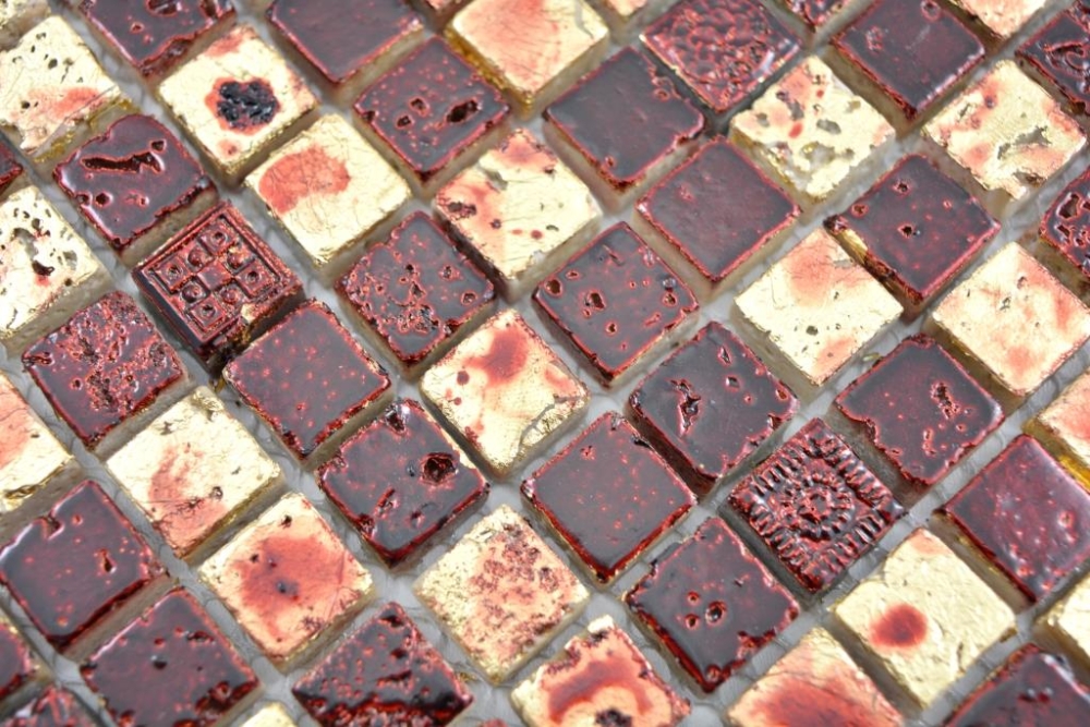 Mosaique pierre carree Resin mix or rouge Mix brillant