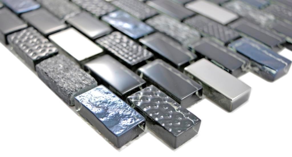Mosaico tiras compuesto piedra natural vidrio mosaico negro plata antracita estructura pared azulejo backsplash cuarto de bano WC - 87-0003