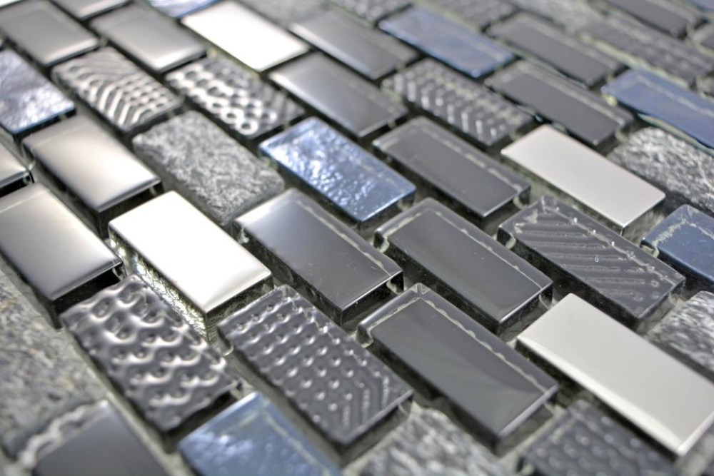 Mosaico tiras compuesto piedra natural vidrio mosaico negro plata antracita estructura pared azulejo backsplash cuarto de bano WC - 87-0003