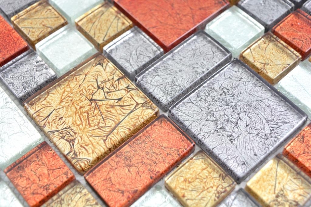 Glasmosaik Mosaikfliese Gold Silber Orange Cremeweiß Fliesenspiegel Küche - 86-71739