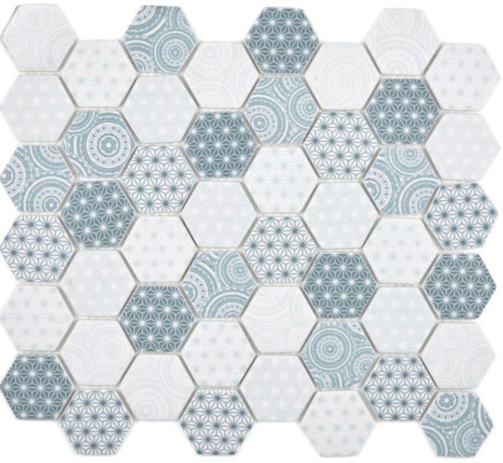 Retro Vintage Mosaik Recycling Glas Hexagon mit Muster Weiß Blau Fliesenspiegel - 16-0414
