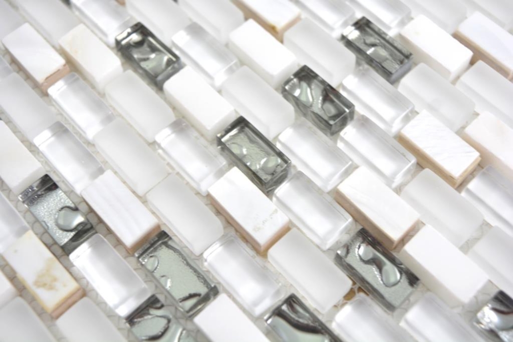 Mosaico de ladrillos con aspecto de concha de piedra translucida MIX blanco brillante - 10 hojas de mosaico