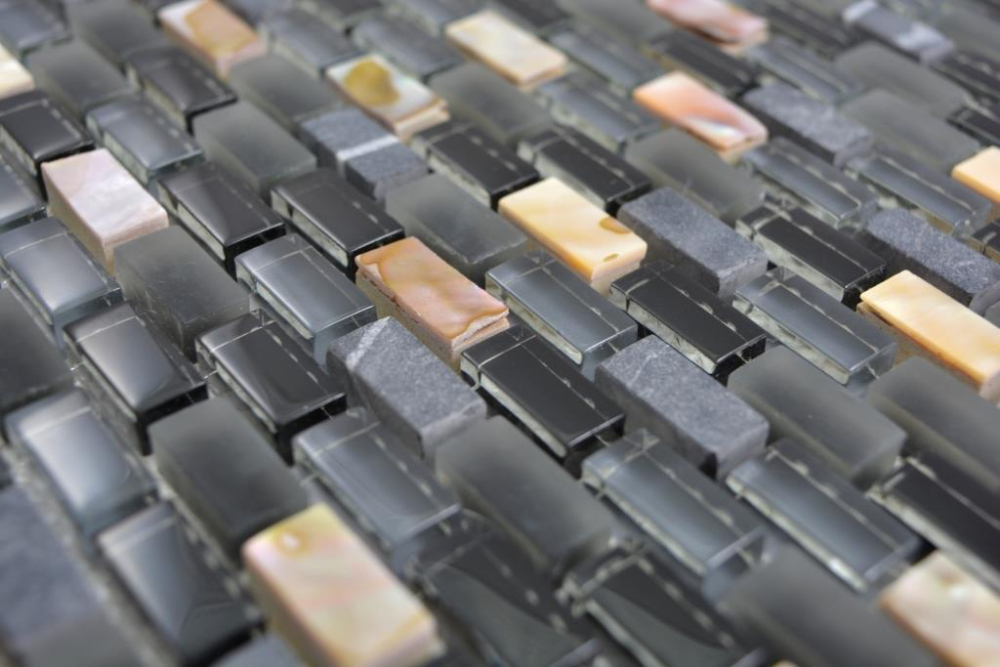 Mosaik Brick Glasmosaik Stein Muschel mix schwarz MIX Transluzent Mauerverbandoptik glänzend