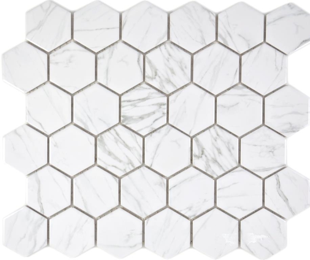 Keramikmosaik Fliese Mosaikmatte Hexagon Weiß Grau Carrara Marmoroptik Fliesenspiegel Mosaikplatte - 11H-0001