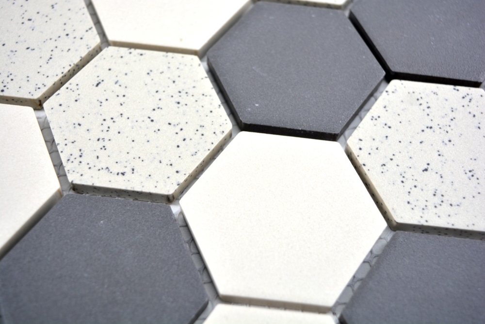 Mosaik Fliese Keramikmosaik beige schwarz Hexagaon unglasiert 11G-0113-R10
