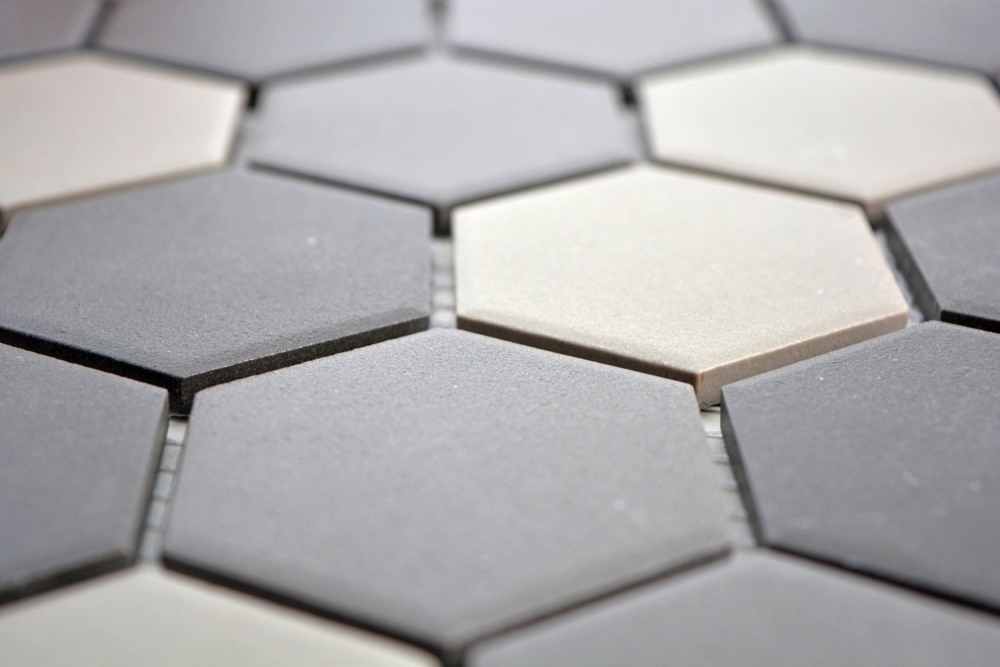 Mosaik Fliese Keramikmosaik Hexagon grau dunkelgrau schwarz unglasiert 11B-2313-R10