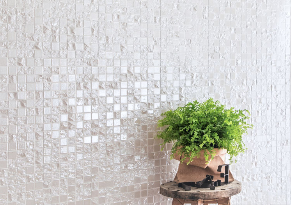Mosaik Quadrat Gaku white Keramik 3D-Optik weiß glänzend