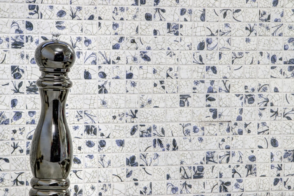 Mosaico cuadrado Fresa ceramica Delft look mezcla blanco azul brillante