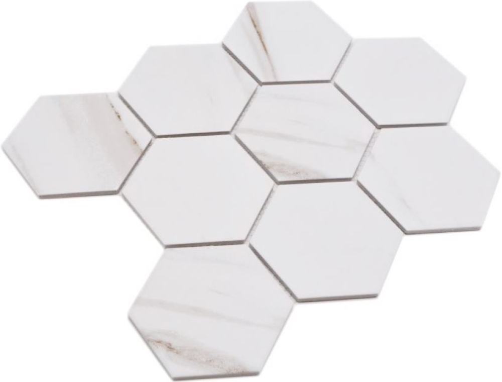 Mosaique Hexagon Calacatta Ceramique aspect pierre blanc mat