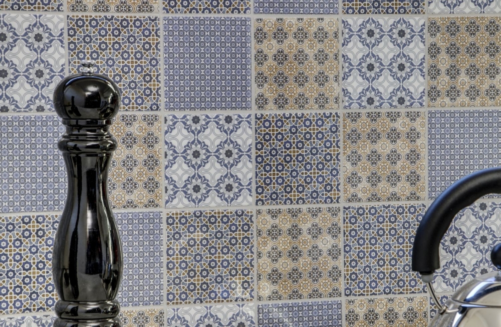 Mosaique Carre Classico mix Ceramique retro blanc bleu orange gris brillant