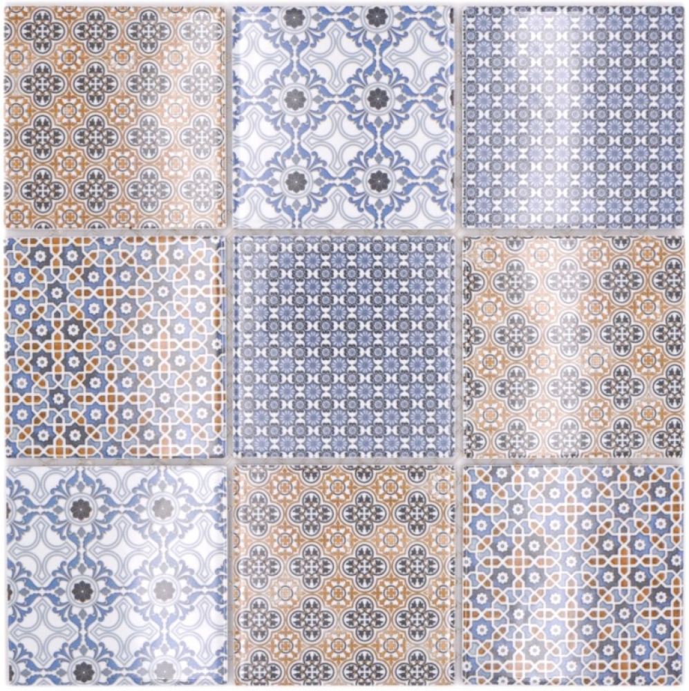 Mosaique Carre Classico mix Ceramique retro blanc bleu orange gris brillant