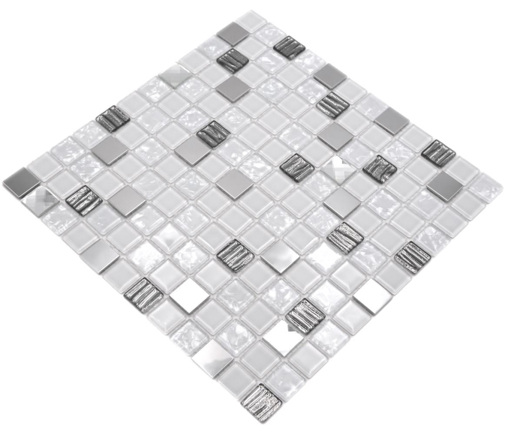 Mosaik Quadrat Glasmosaik Stahl mix weiß Glas Mix Transluzent Edelstahl glänzend