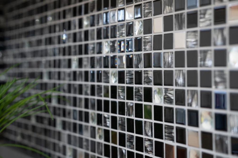 Mosaik Quadrat Glasmosaik Stahl mix schwarz Glas Mix Transluzent Edelstahl glänzend