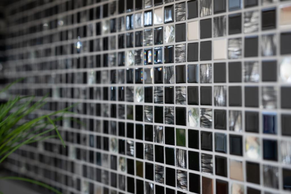 Mosaik Quadrat Glasmosaik Stahl mix schwarz Glas Mix Transluzent Edelstahl glänzend