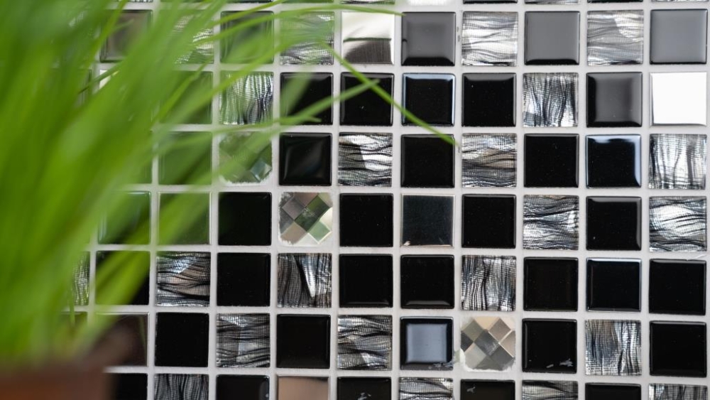 Mosaik Quadrat Glasmosaik Stahl mix schwarz Glas Mix Transluzent Edelstahl glänzend