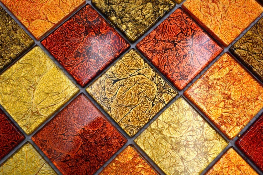 Mosaik Fliese Glasmosaik Gold Orange Rot Struktur Wandverkleidung Küche Bad - 120-07424