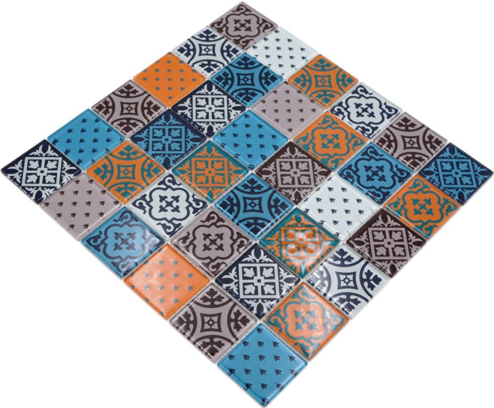 Mosaico cuadrado vidrio mosaico look mezcla translucido retro look blanco azul naranja gris brillante