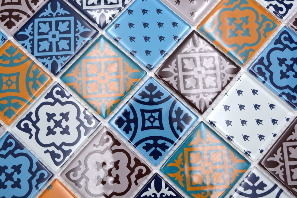 Mosaico cuadrado vidrio mosaico look mezcla translucido retro look blanco azul naranja gris brillante