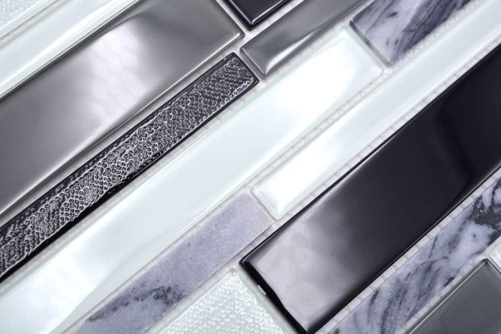 Mosaique composite verre mosaique pierre mix clair gris noir mix translucide aspect composite brillant
