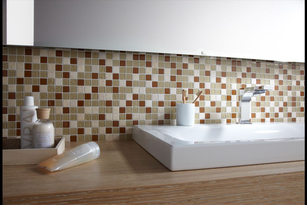 Mosaique Carre Mosaique de verre Pierre mix beige Mix translucide brillant