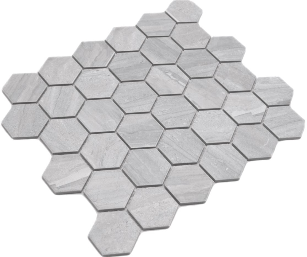 Mosaik Hexagon Travertin grau matt Keramik Steinoptik