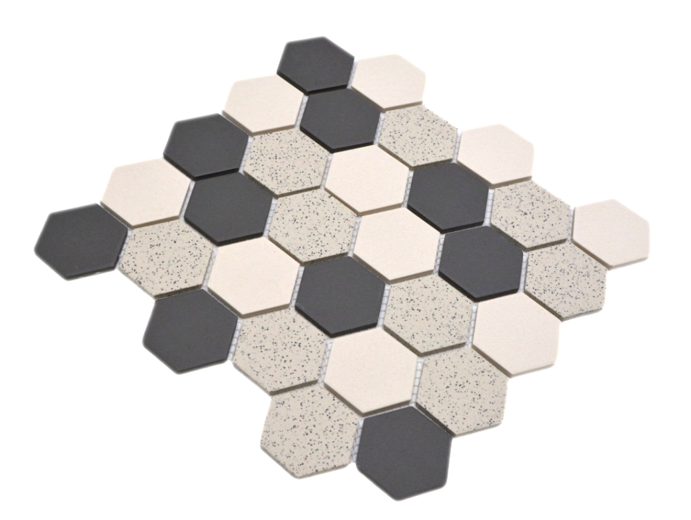 Mosaique Hexagaon mix non-emaille Ceramique aspect hexagonal beige noir mat R10