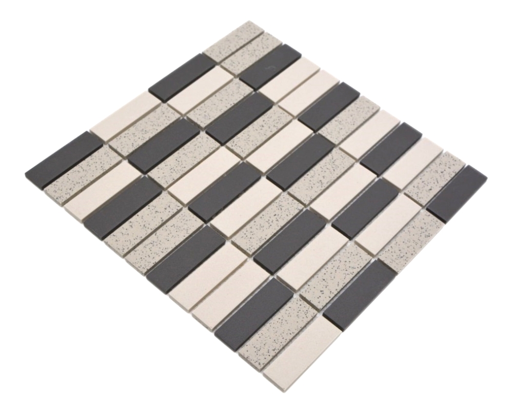 Mosaik Stäbchen mix unglasiert Keramik Kreuzverbandoptik beige schwarz matt R10