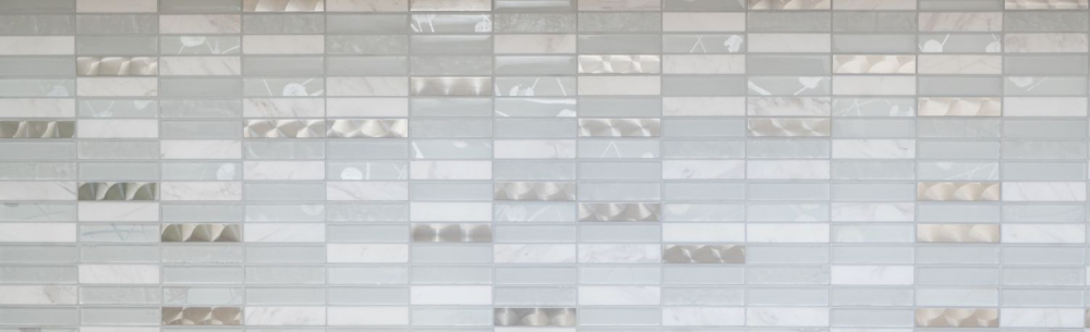 Mosaique rectangle mosaique de verre pierre mix acier blanc mix translucide inox aspect croise brillant