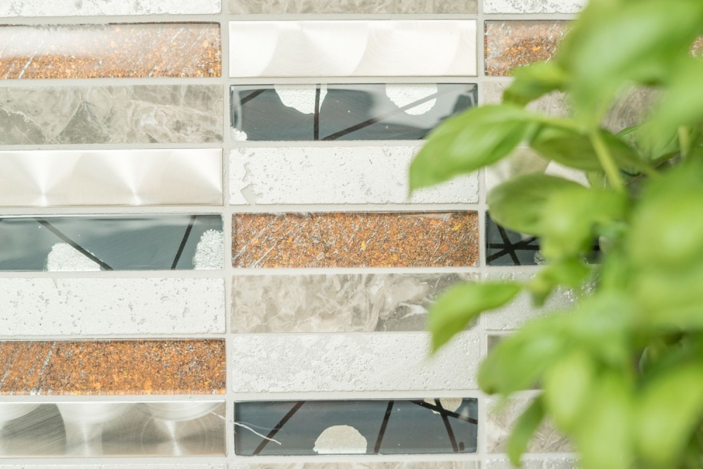 Mosaique Rectangle Mosaique de verre Pierre Acier Resin mix gris Mix Translucide Acier inoxydable Aspect croise brillant