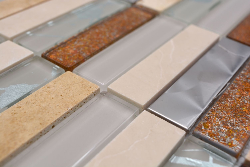 Mosaique rectangle mosaique de verre pierre mix acier beige mix translucide inox aspect croise brillant