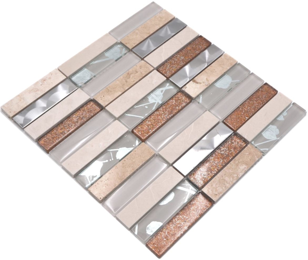 Mosaique rectangle mosaique de verre pierre mix acier beige mix translucide inox aspect croise brillant