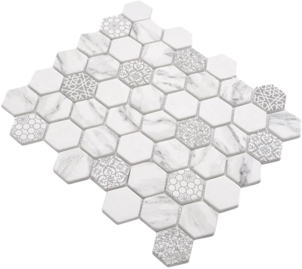 Mosaik Hexagon ECO mix Carrara Optik GLAS Hexagonoptik weiß matt