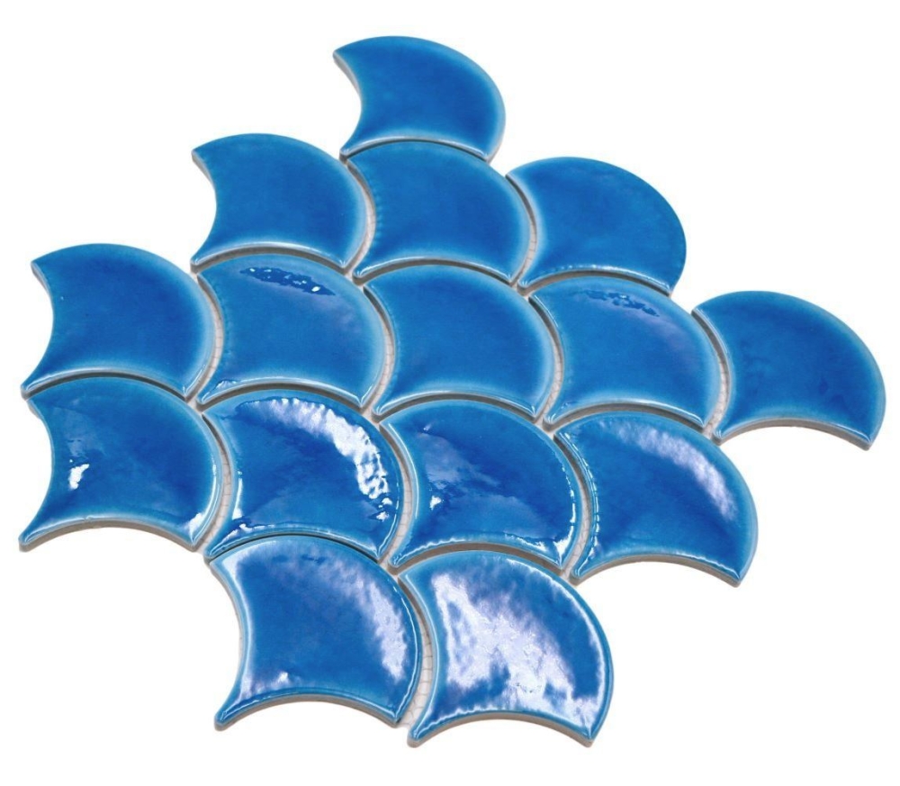 Keramik Mosaikfliese Fächer Fischschuppen uni dunkelblau ice crackled Style