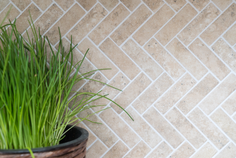Fischgrät Mosaik beige braun Travertin Steinoptik Fliese Keramikmosaik 24-SO76