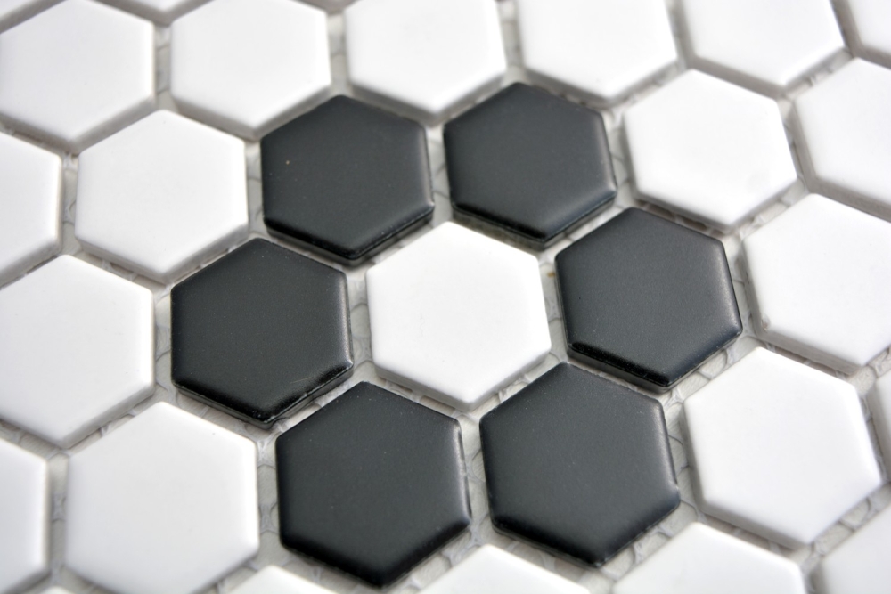 Mosaik Fliese Keramikmosaik Hexagon schwarz weiß matt 11A-0103