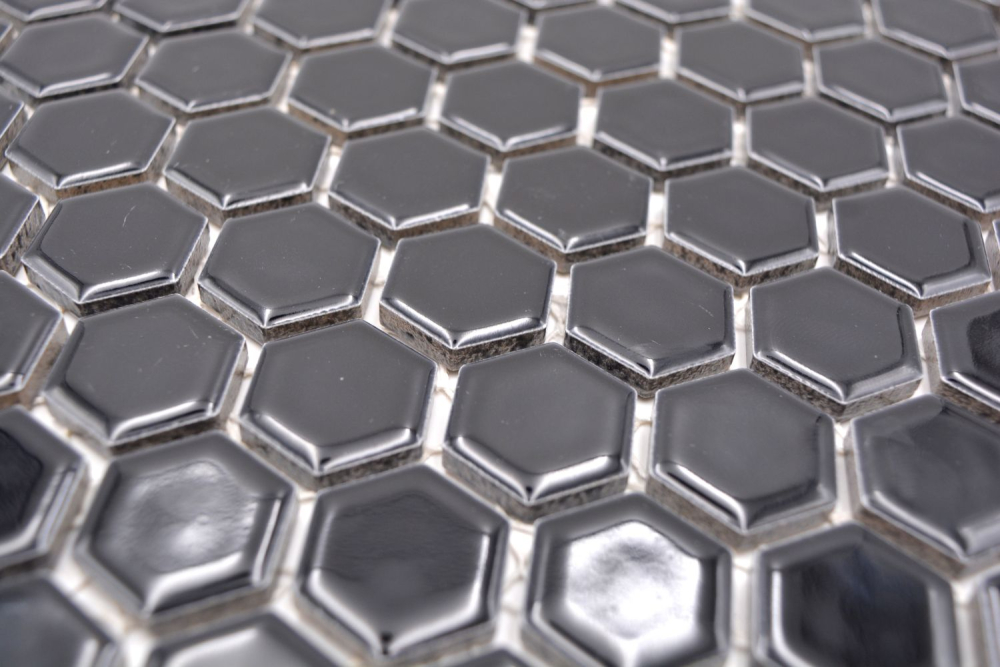 Mosaico esagonale uni nero lucido in ceramica aspetto esagono