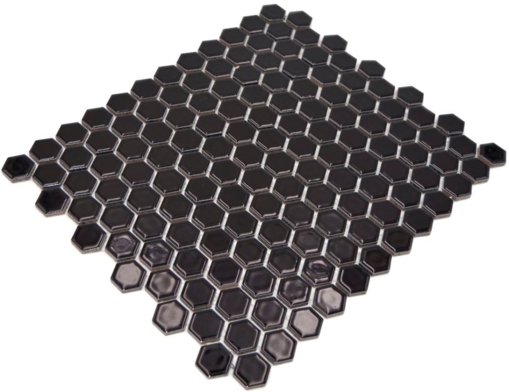 Mosaico esagonale uni nero lucido in ceramica aspetto esagono