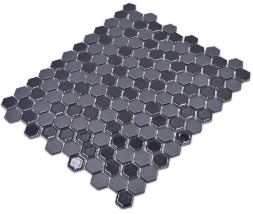 Mosaik Hexagon mix schwarz glänzend R10B Keramik Hexagonoptik matt
